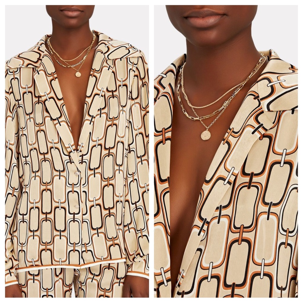 ALEXIS Reyson Tan Chain Print Long Sleeve Button Front Blouse Size XL
